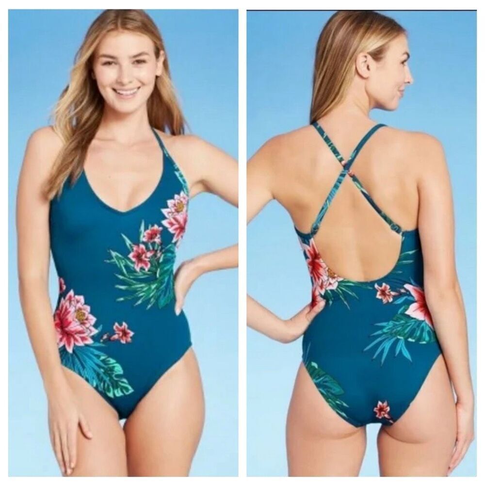 KONA SOL Criss-Cross Blue Tropical Floral Print One Piece Swimsuit Size Small